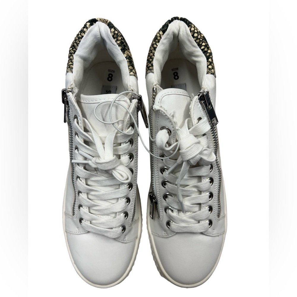 STEVE MADDEN Sneakers Zade High Top Snake Print Trim White Brown Lace Up Size 8M